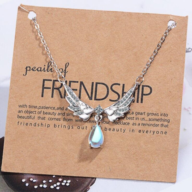 Angel Wing Necklace 925 Sterling Silver Moonstone Pendant Clavicle Chain