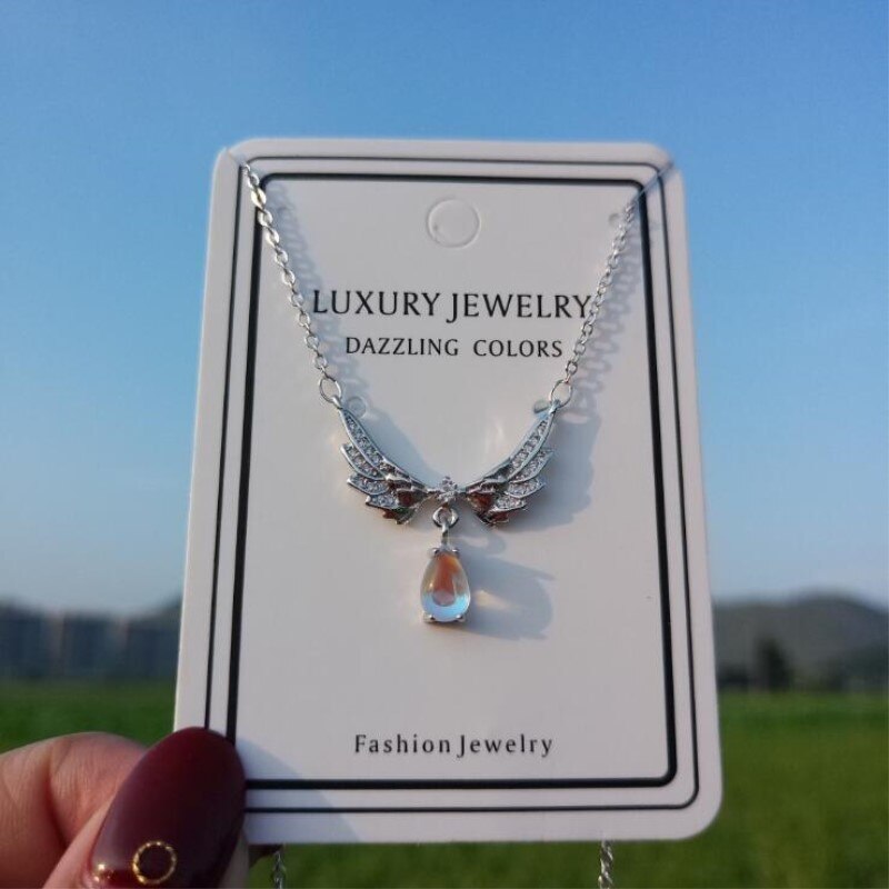 Angel Wing Necklace 925 Sterling Silver Moonstone Pendant Clavicle Chain