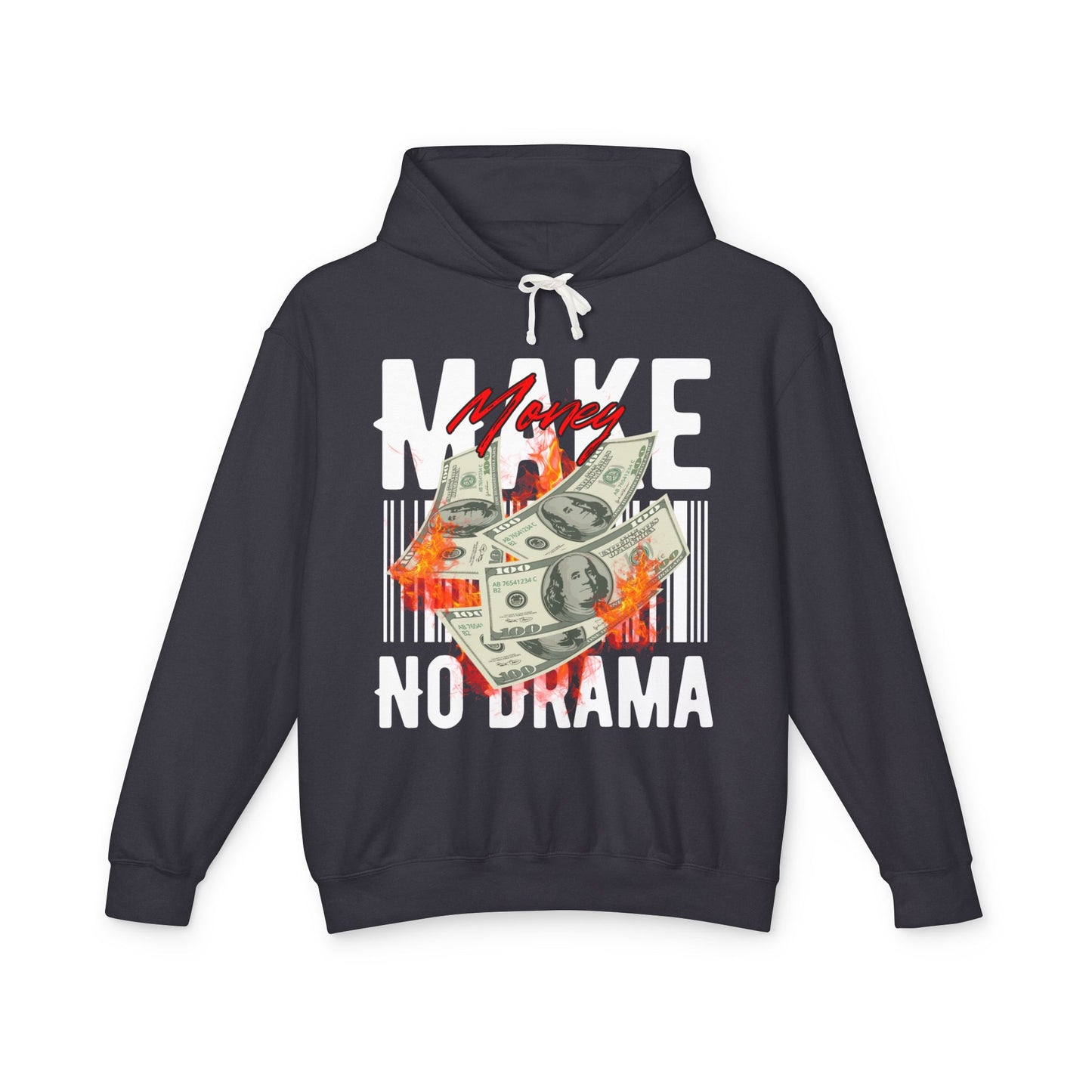 Make Money No Drama Hoodie – Graphic Cash Fire Design, Streetwear Pullover