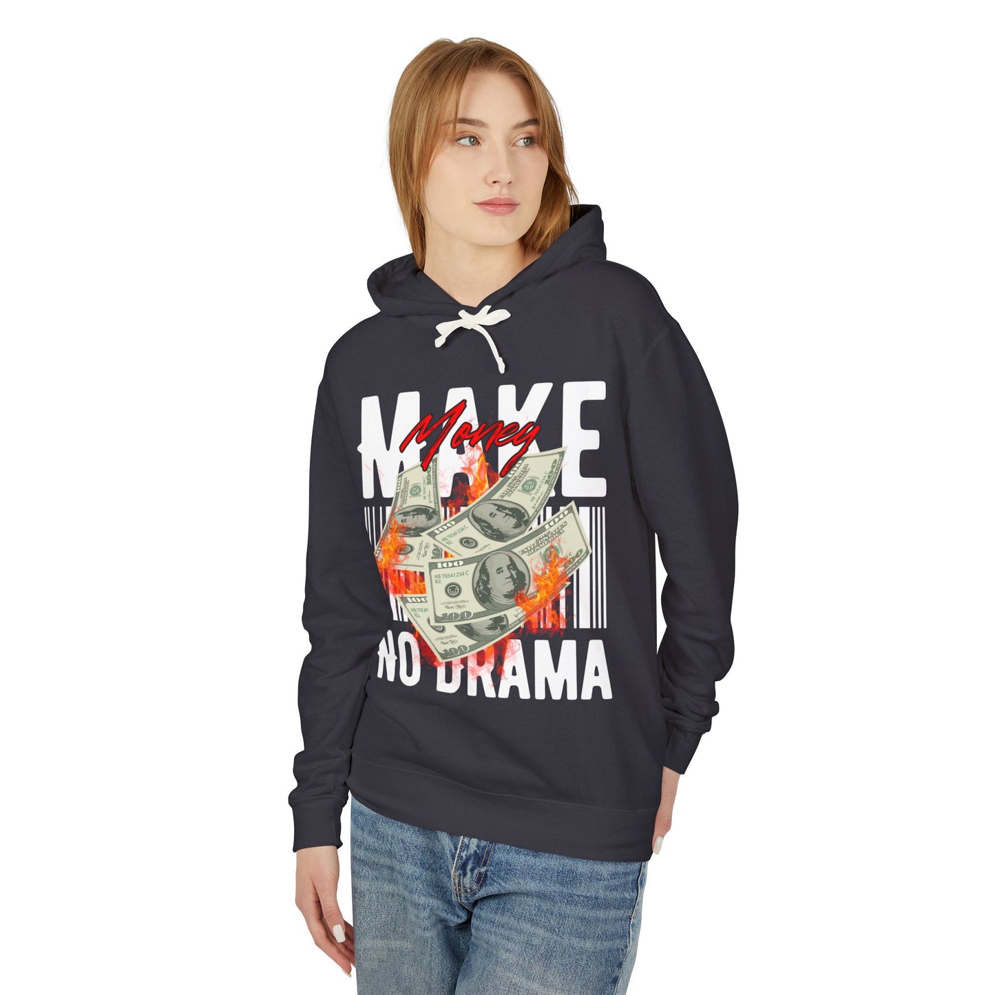 Make Money No Drama Hoodie – Graphic Cash Fire Design, Streetwear Pullover