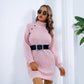 Winter Turtleneck Long Sweater Dress — Button Design Leisure Cinch