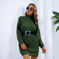 Winter Turtleneck Long Sweater Dress — Button Design Leisure Cinch
