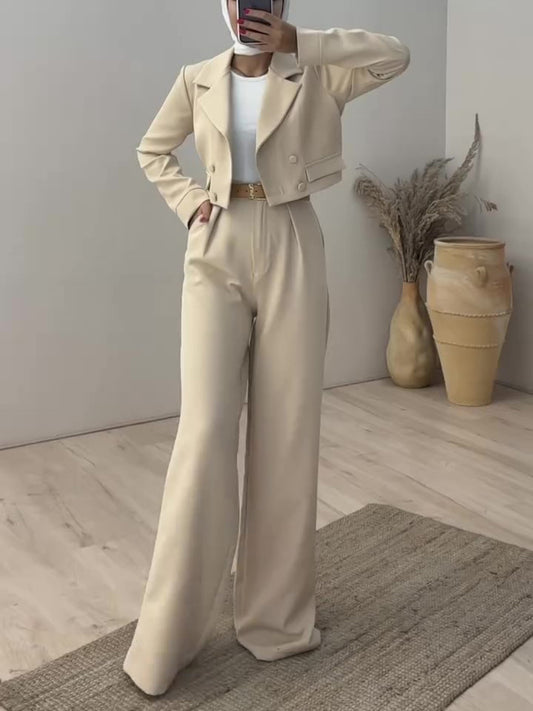 Solid Colour Short Blazer &amp; High Waist Pants Set