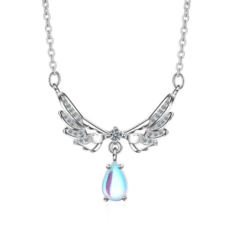 Angel Wing Necklace 925 Sterling Silver Moonstone Pendant Clavicle Chain