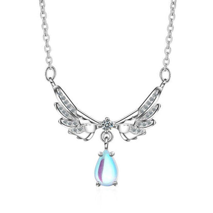 Angel Wing Necklace 925 Sterling Silver Moonstone Pendant Clavicle Chain