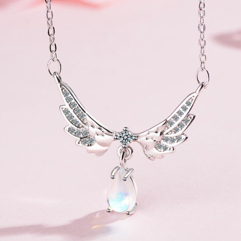 Angel Wing Necklace 925 Sterling Silver Moonstone Pendant Clavicle Chain