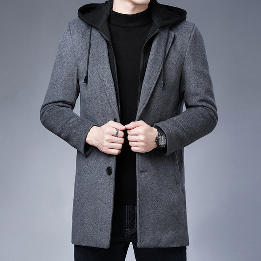 Men’s Detachable Hooded Woollen Winter Coat — Mid-Length Single Breasted