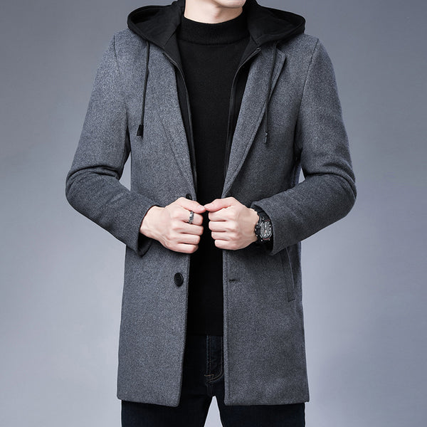 Men’s Detachable Hooded Woollen Winter Coat — Mid-Length Single Breasted