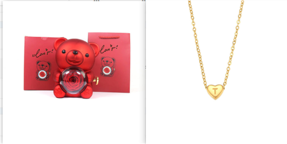 Eternal Rose Teddy Bear Gifts Box With Necklace Rotate Rose Jewelry Box Valentine Wedding Storage Gift Case For Women Girlfriend