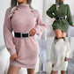 Winter Turtleneck Long Sweater Dress — Button Design Leisure Cinch